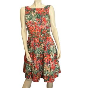 Talbots Multicolor Floral Fit And Flare Sleeveless Belted Pockets Dress